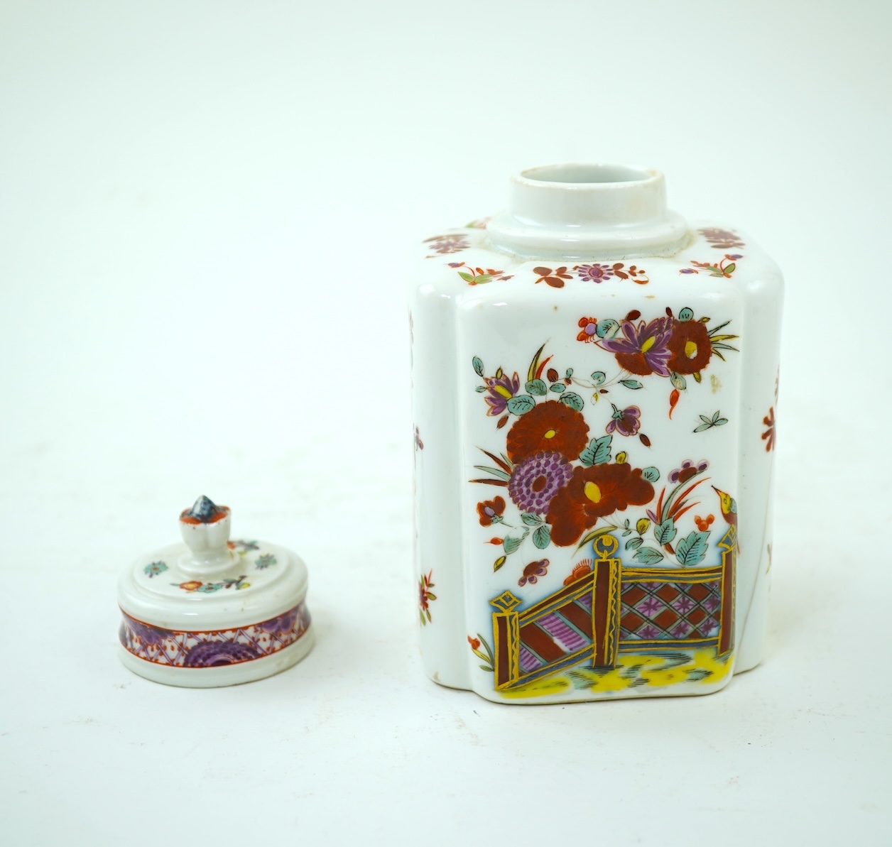 A Meissen polychrome tea caddy and cover, c.1760
